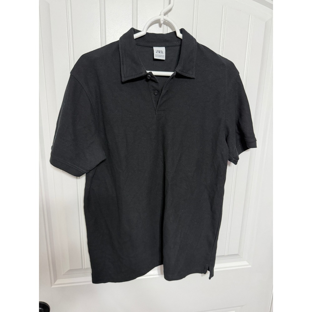 Zara Polo Shirt Mens Medium Black Waffle Knit Short Sleeve Casual EUC
